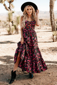 Like A Rose Floral Tiered Cut-Out Maxi Dress (Black) - NanaMacs