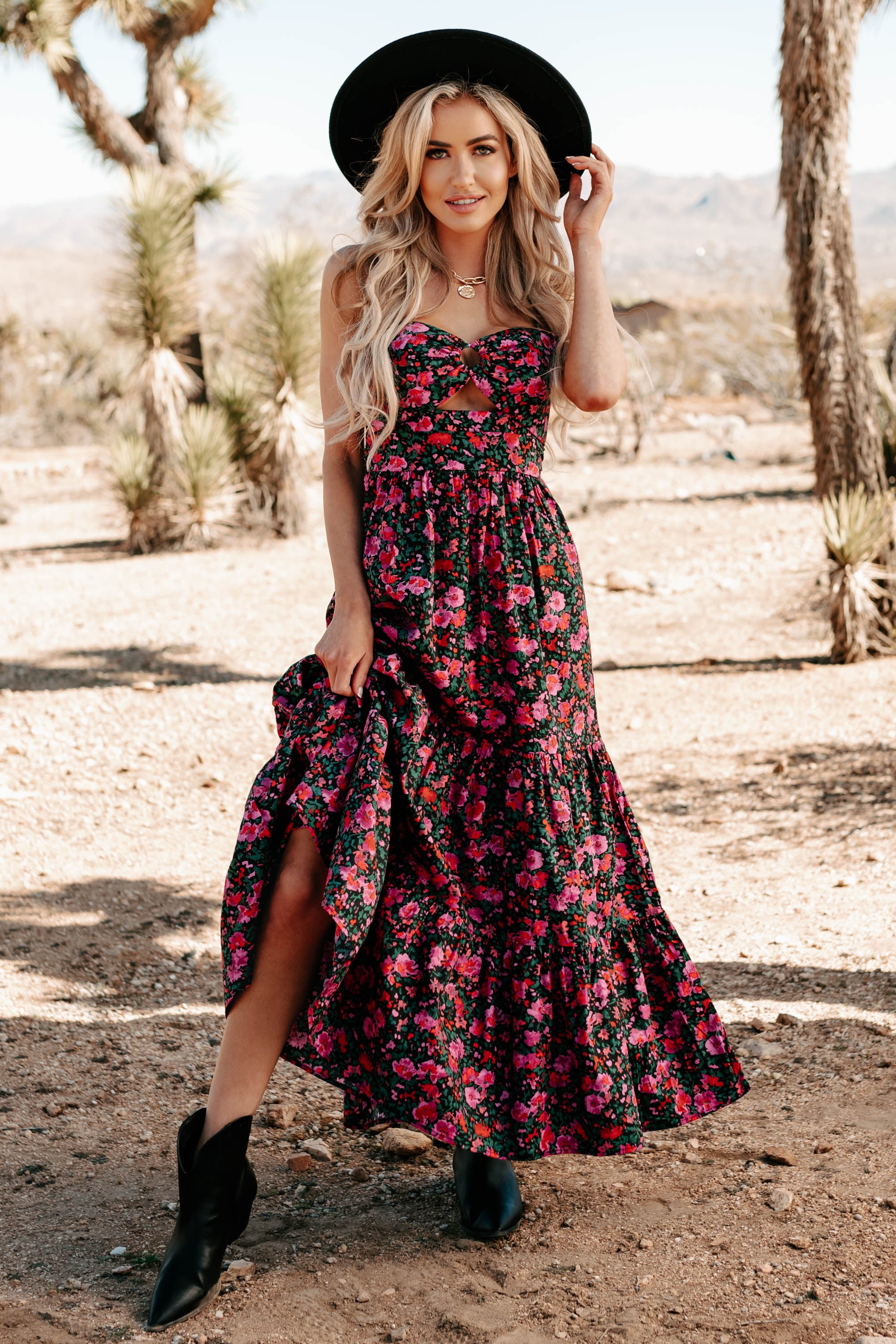 Like A Rose Floral Tiered Cut-Out Maxi Dress (Black) - NanaMacs
