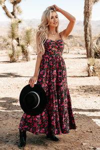 Like A Rose Floral Tiered Cut-Out Maxi Dress (Black) - NanaMacs