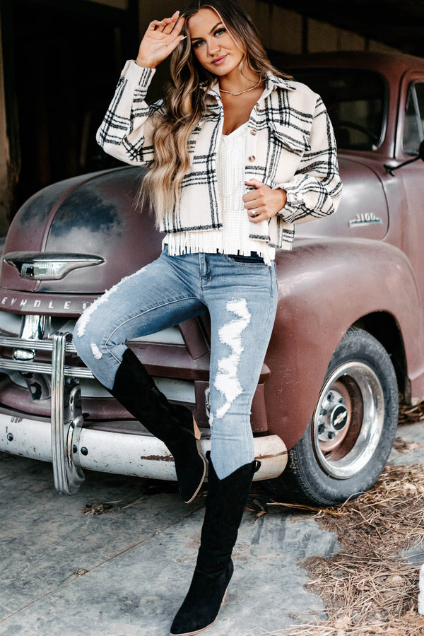 Caught In A Lie Cropped Plaid Shacket (Cream) - NanaMacs