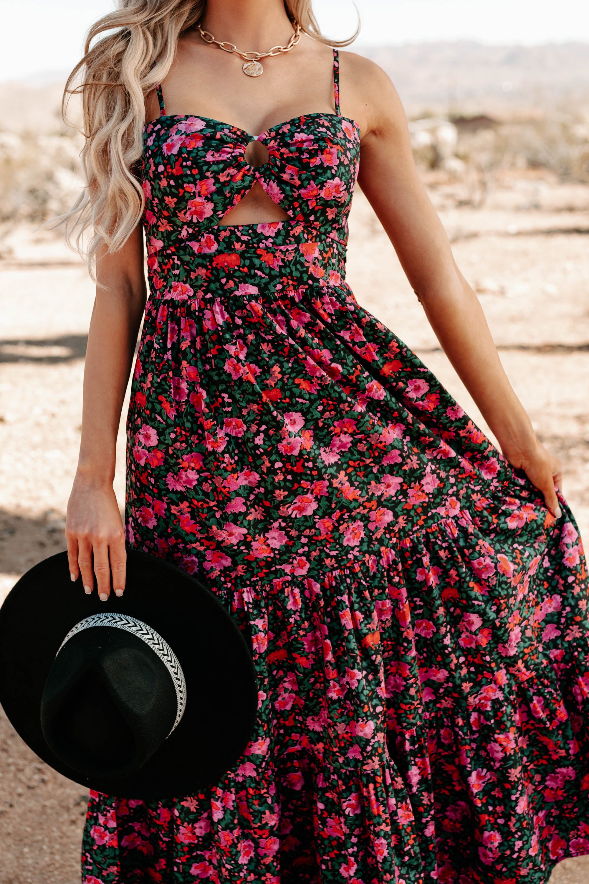 Like A Rose Floral Tiered Cut-Out Maxi Dress (Black) - NanaMacs