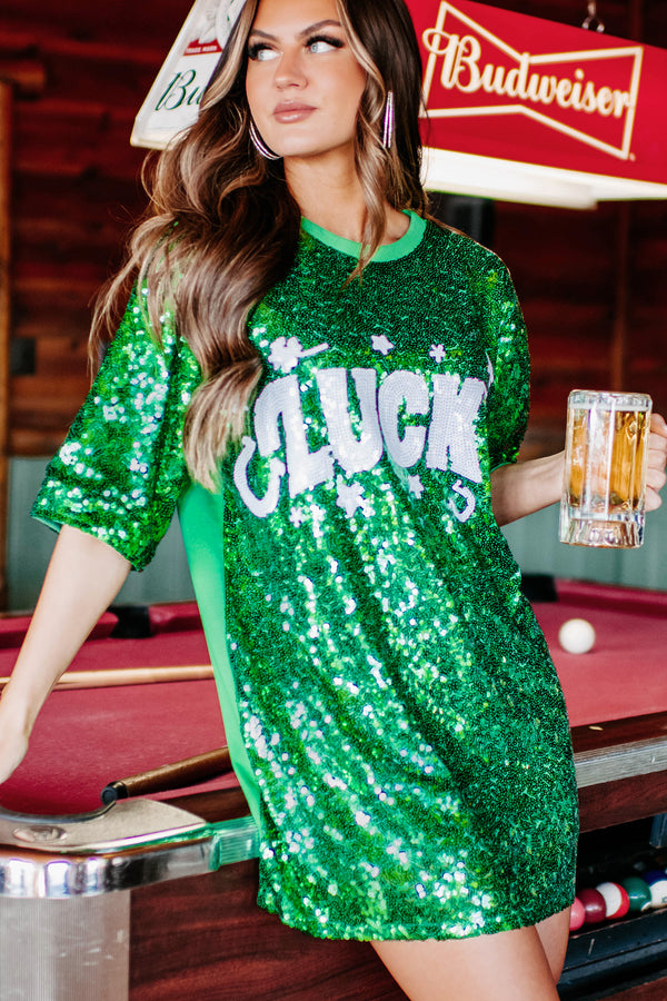 Luck's On My Side Sequin T-Shirt Dress (Green/White) - NanaMacs