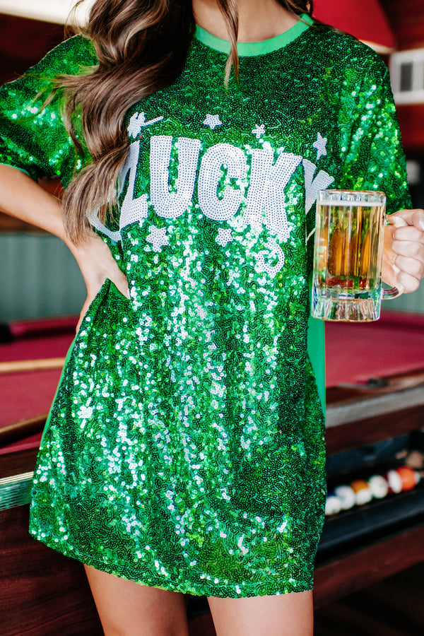 Luck's On My Side Sequin T-Shirt Dress (Green/White) - NanaMacs