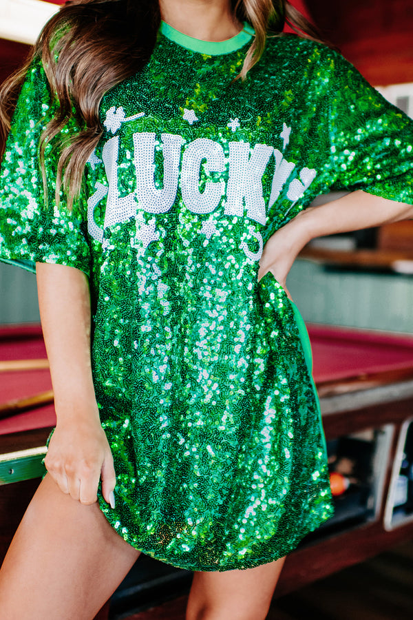 Luck's On My Side Sequin T-Shirt Dress (Green/White) - NanaMacs