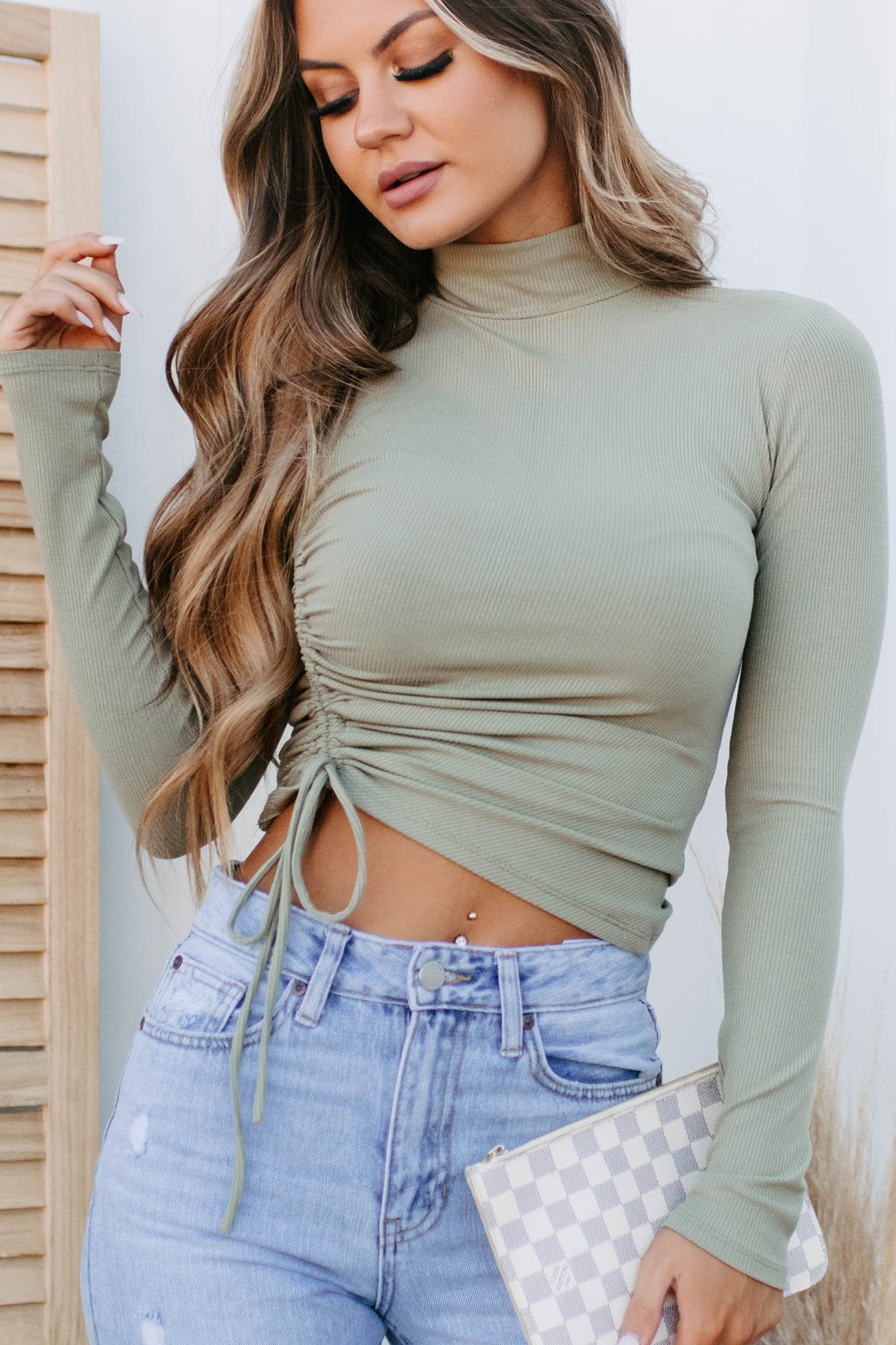 Free To Decide Ruched Long Sleeve Top (Olive) - NanaMacs