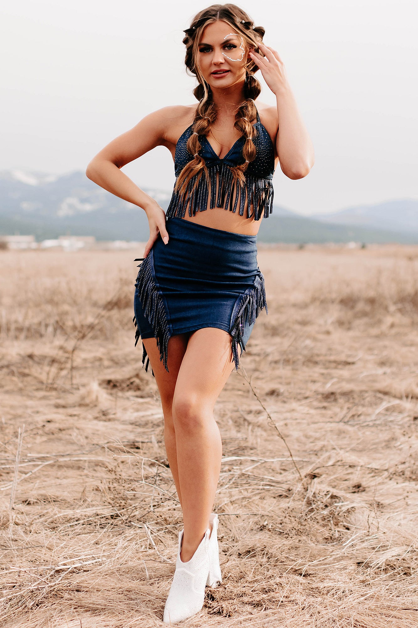 Any Excuse Two Piece Fringe Skirt Set (Dark Denim) · NanaMacs