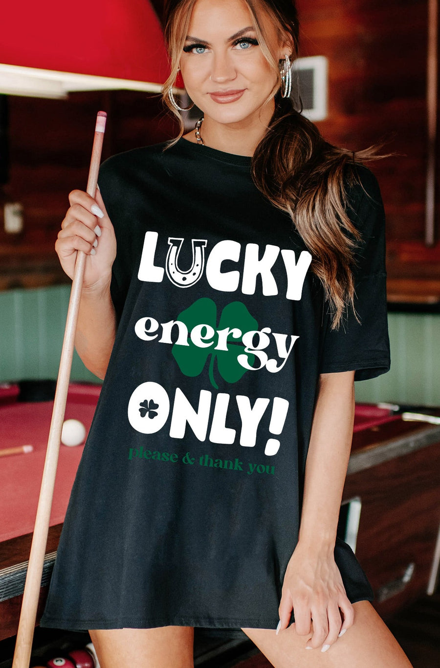 "Lucky Energy Only" Oversized Graphic T-Shirt Dress (Black) - Print On Demand - NanaMacs