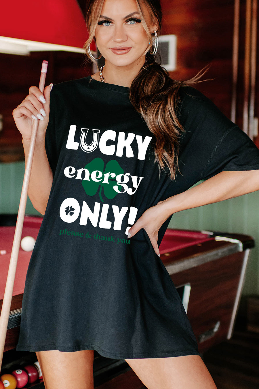 "Lucky Energy Only" Oversized Graphic T-Shirt Dress (Black) - Print On Demand - NanaMacs