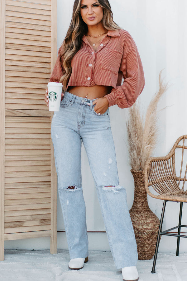 Keeping Along Ribbed Button-Up Crop Top (Rust) - NanaMacs