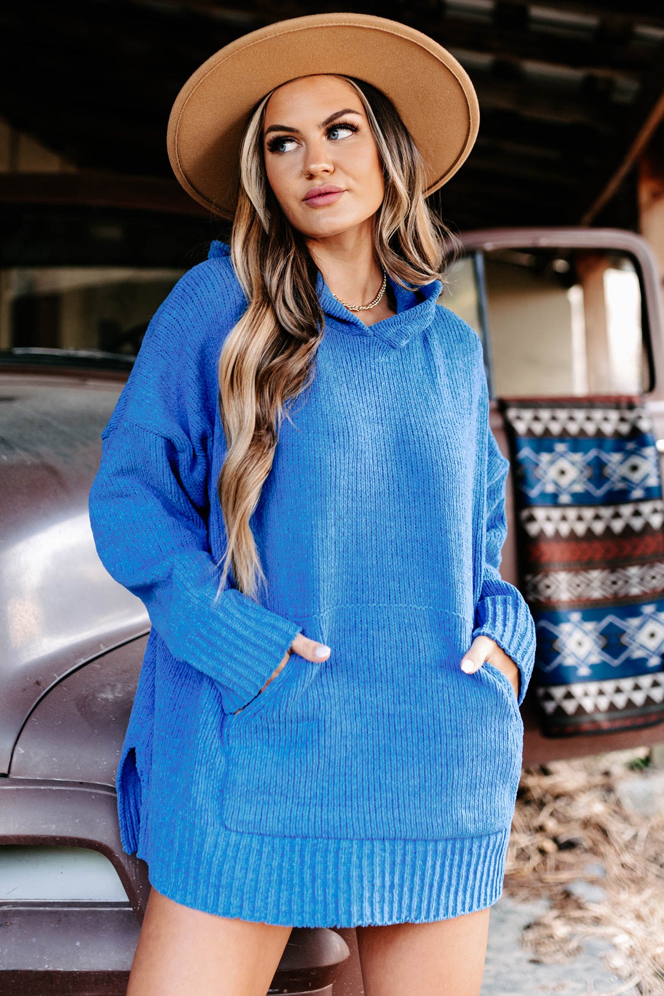 Searching For Comfort Chenille Knit Hoodie (Cobalt Blue) - NanaMacs