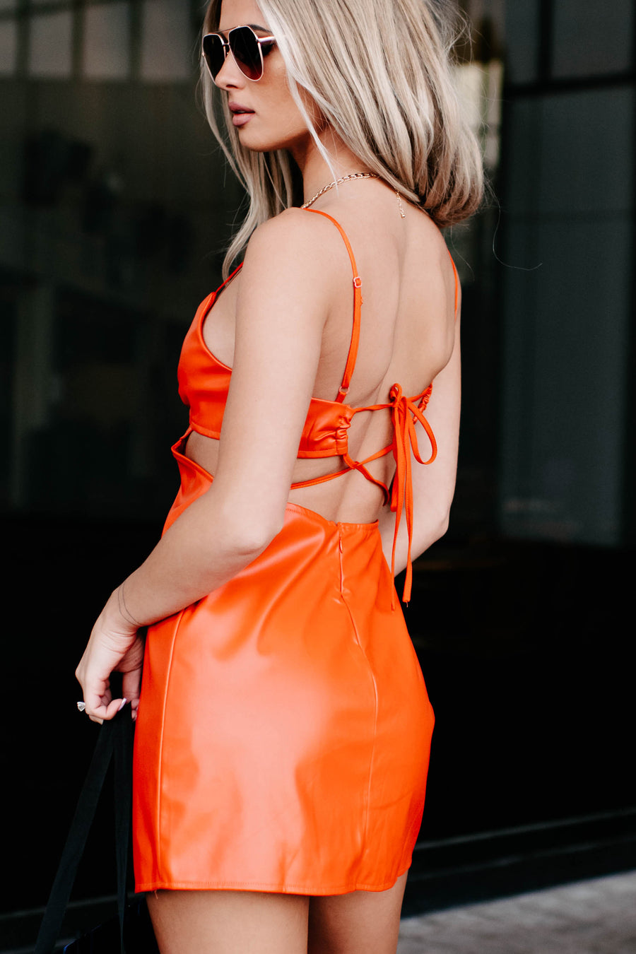 Fuel Your Fire Cut-Out Faux Leather Mini Dress (Orange) - NanaMacs