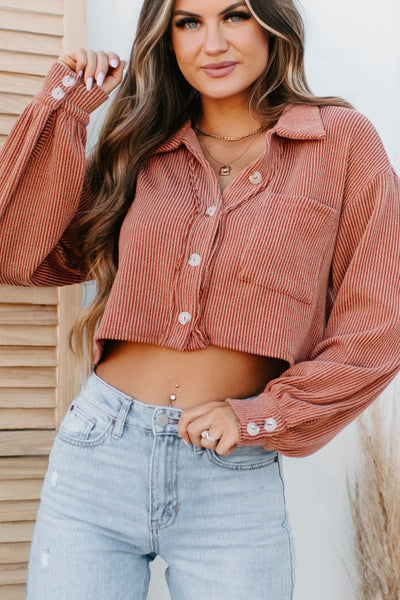 Keeping Along Ribbed Button-Up Crop Top (Rust) - NanaMacs