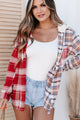August Leaves Mixed Plaid Hooded Button-Down (Red) - NanaMacs