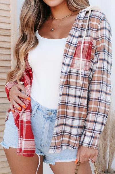 August Leaves Mixed Plaid Hooded Button-Down (Red) - NanaMacs