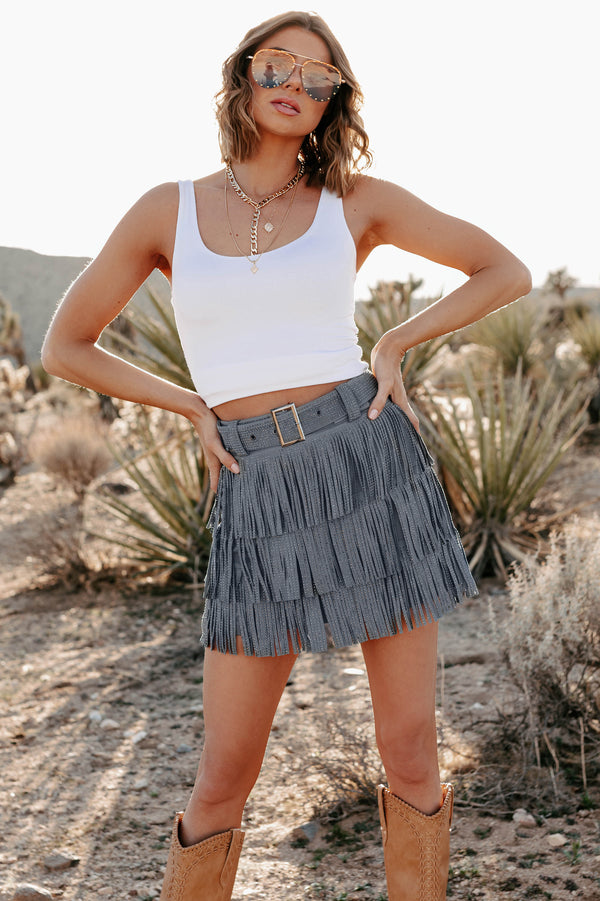 Spotlight Stealer Rhinestone Fringe Mini Skort (Denim Blue) - NanaMacs