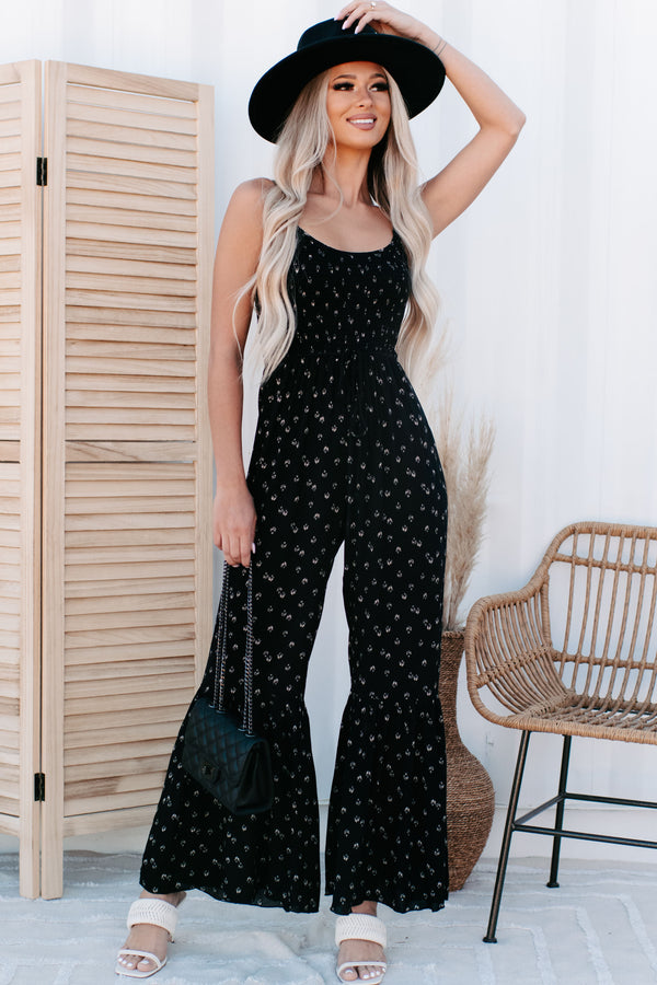 Adjust Your Focus Smocked Bust Printed Jumpsuit (Black) - NanaMacs