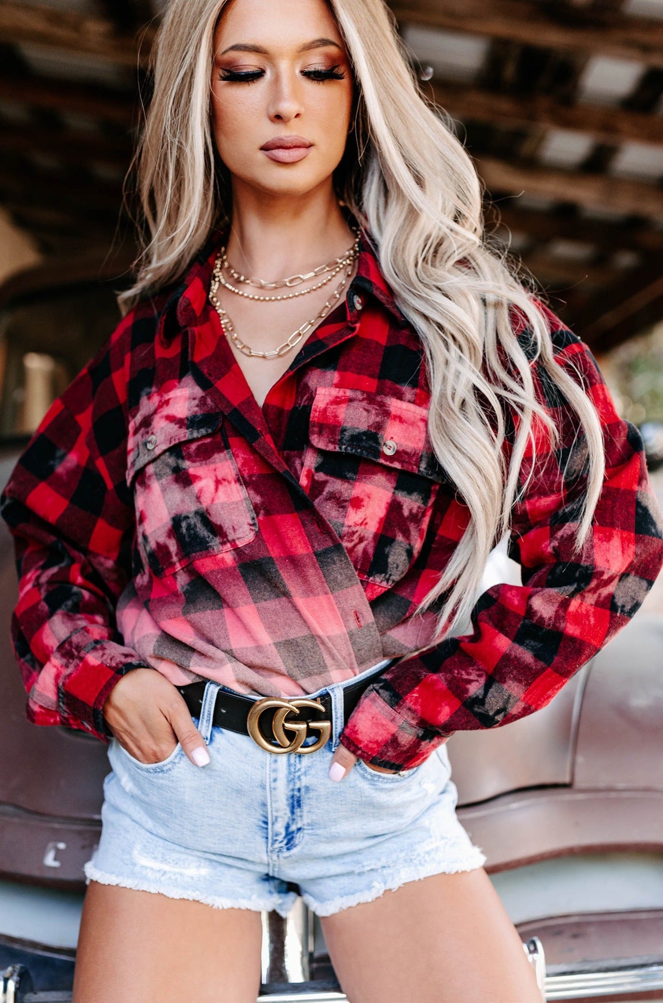 Free Yourself Bleached Plaid Flannel Top (Red/Black) - NanaMacs