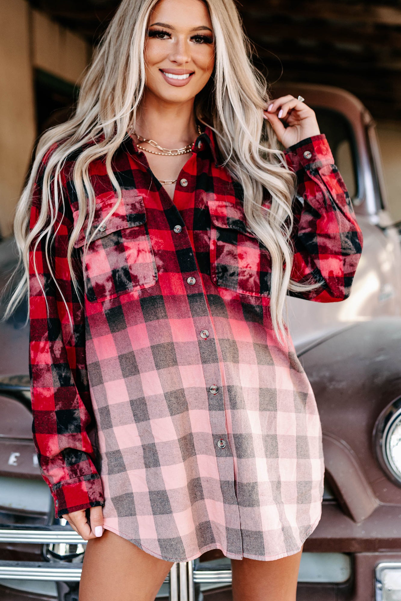 Free Yourself Bleached Plaid Flannel Top (Red/Black) - NanaMacs