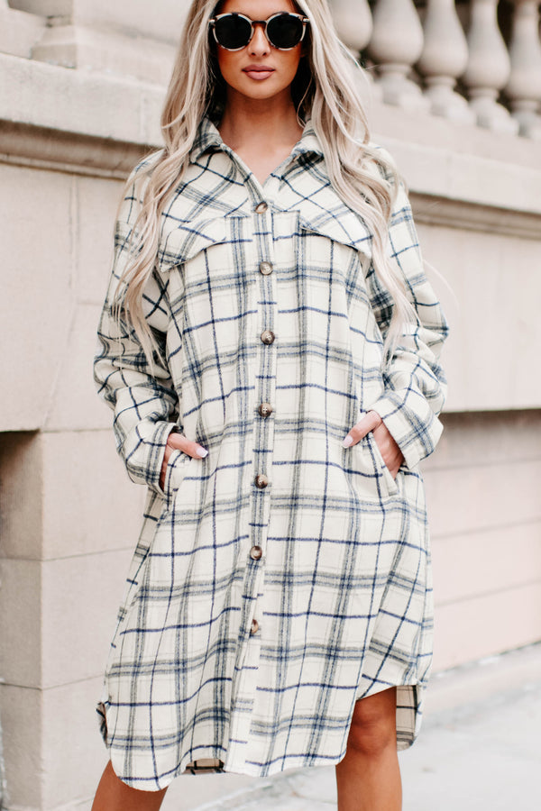 Hide Your Feelings Long Plaid Shacket (Ivory) - NanaMacs