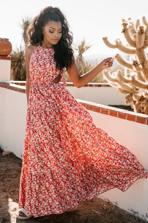 Darling Discovery Cut-Out Waist Floral Maxi Dress (Pink/Red) - NanaMacs