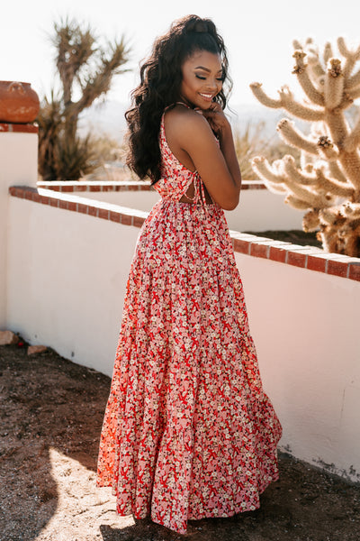 Darling Discovery Cut-Out Waist Floral Maxi Dress (Pink/Red) - NanaMacs
