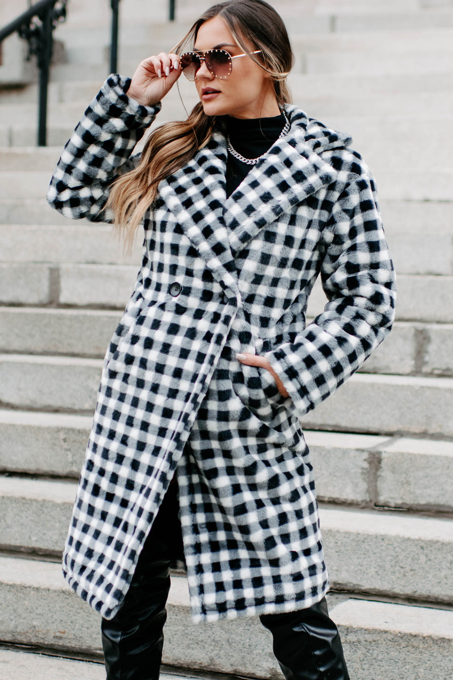 Call My Lawyer Checkered Faux Fur Coat (Black & White) - NanaMacs