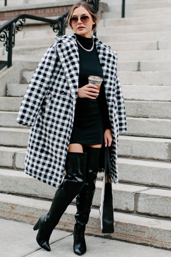 Call My Lawyer Checkered Faux Fur Coat (Black & White) - NanaMacs