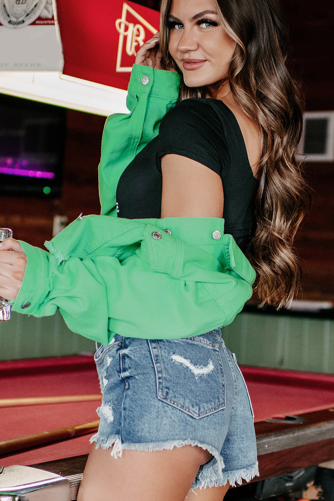 Running From The Truth Cropped Denim Jacket (Green) - NanaMacs