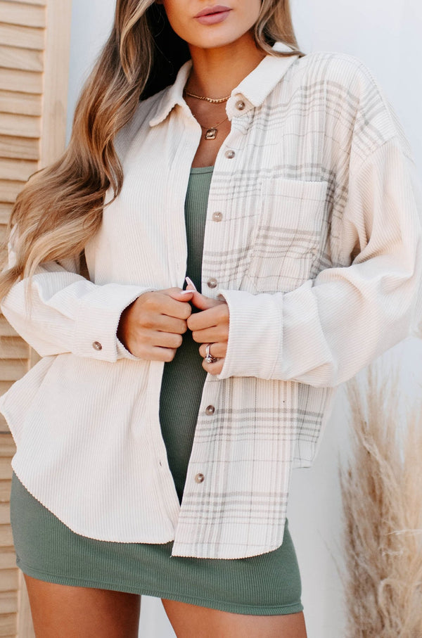 "Let Me Be Plaid" Plaid Contrast Oversized Corduroy Shirt (Sand Combo) - NanaMacs