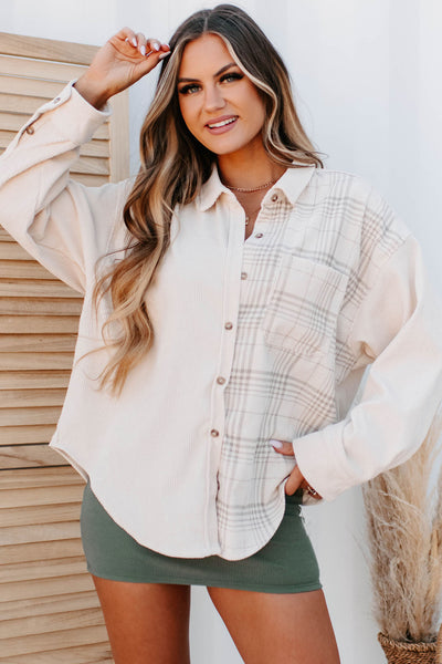 "Let Me Be Plaid" Plaid Contrast Oversized Corduroy Shirt (Sand Combo) - NanaMacs