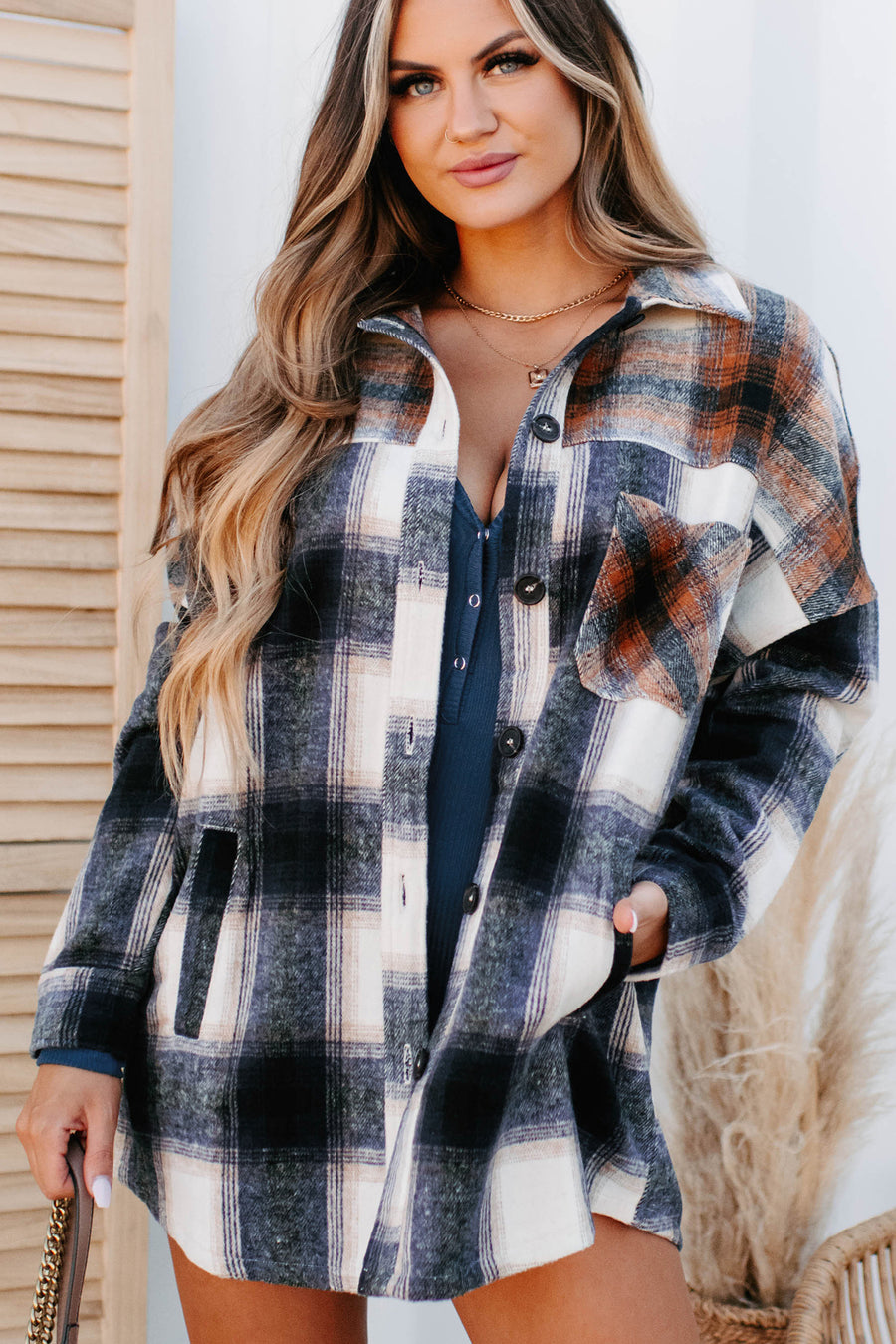 Heading North Oversized Colorblock Plaid Shacket (Navy/Rust) - NanaMacs