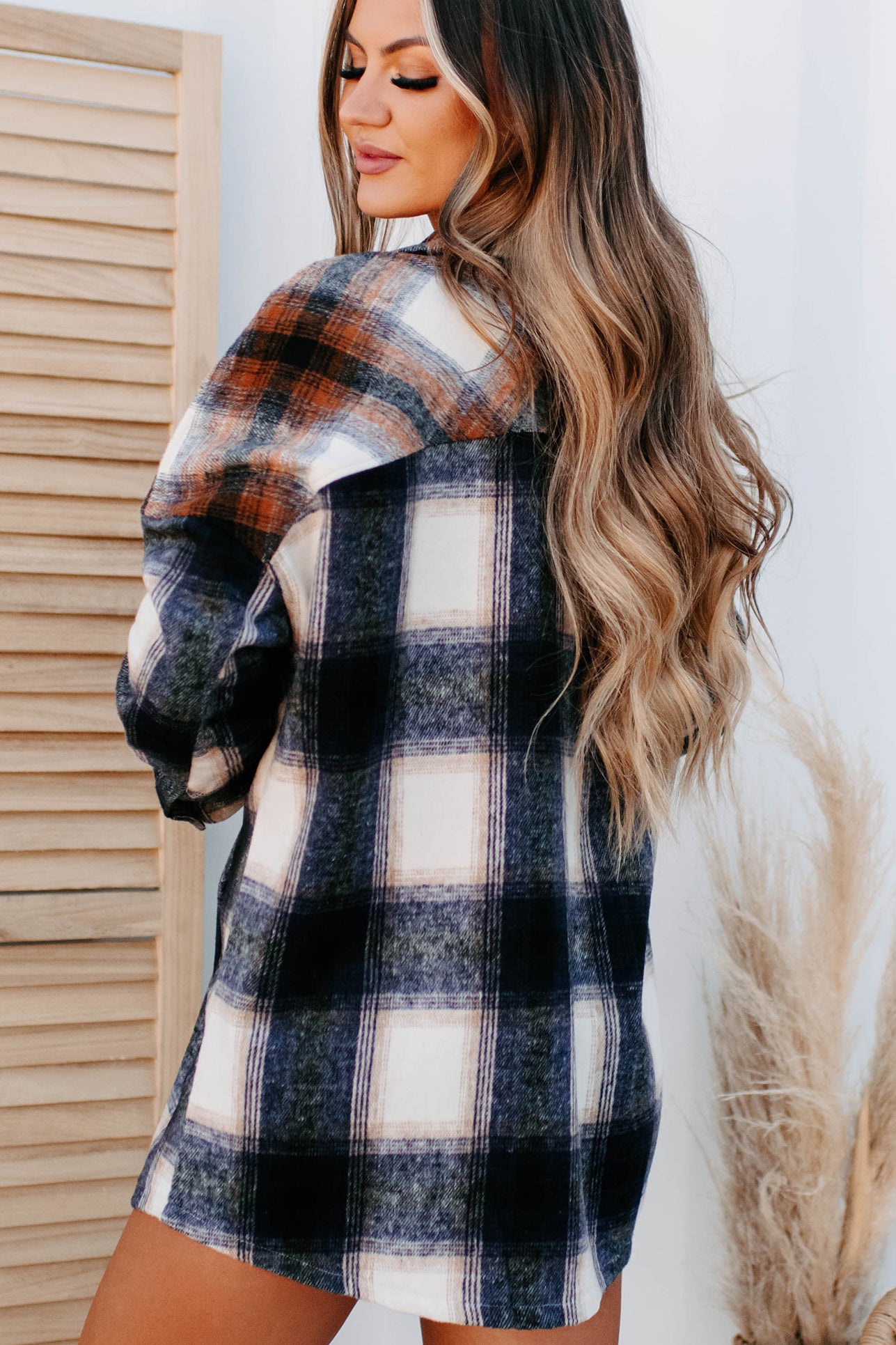 Heading North Oversized Colorblock Plaid Shacket (Navy/Rust) - NanaMacs