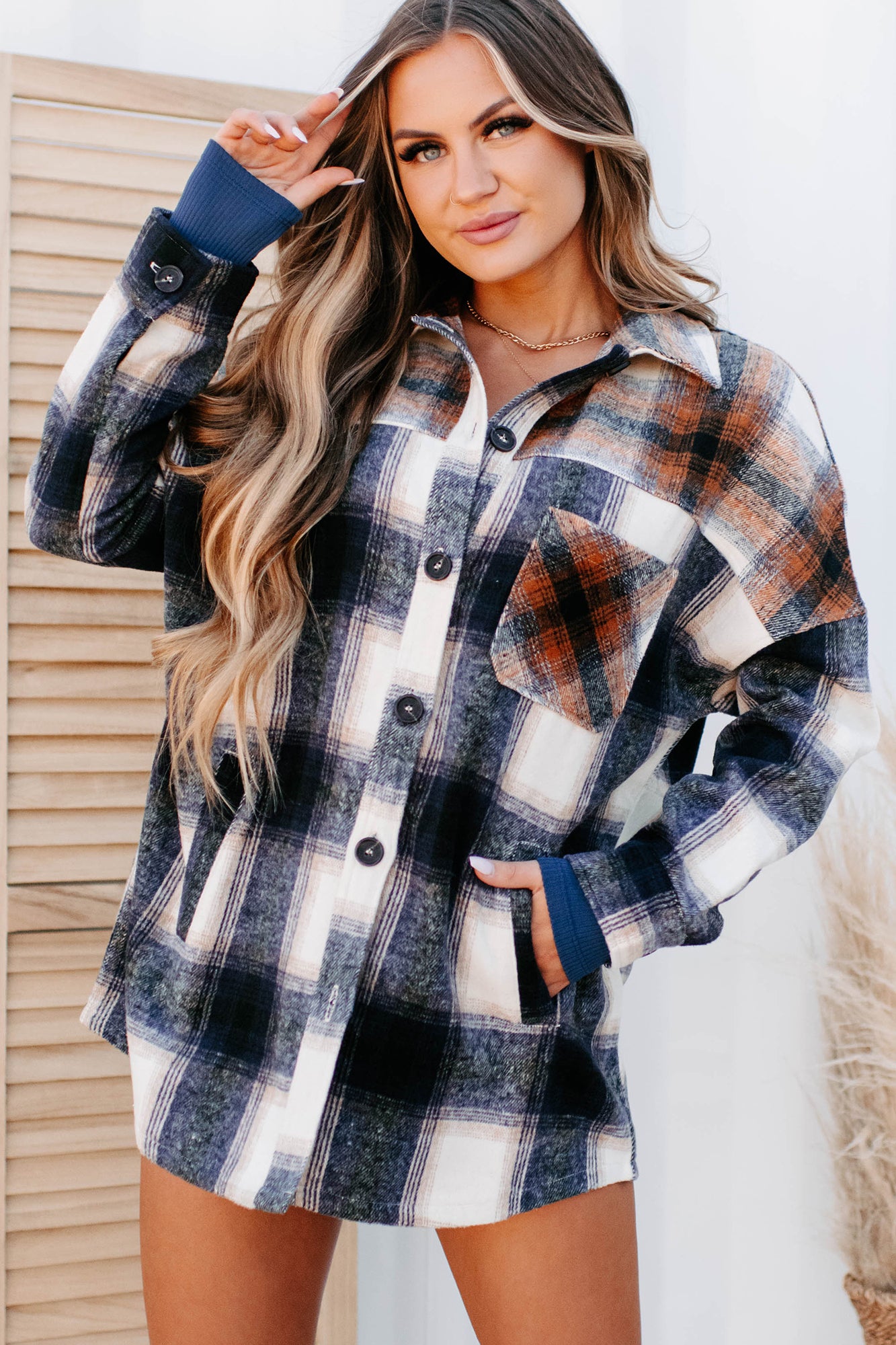 Heading North Oversized Colorblock Plaid Shacket (Navy/Rust) - NanaMacs