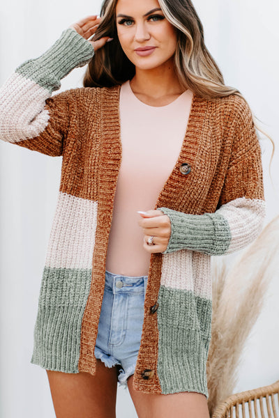 Falling Into A Pattern Chenille Colorblock Cardigan (Camel Multi) - NanaMacs