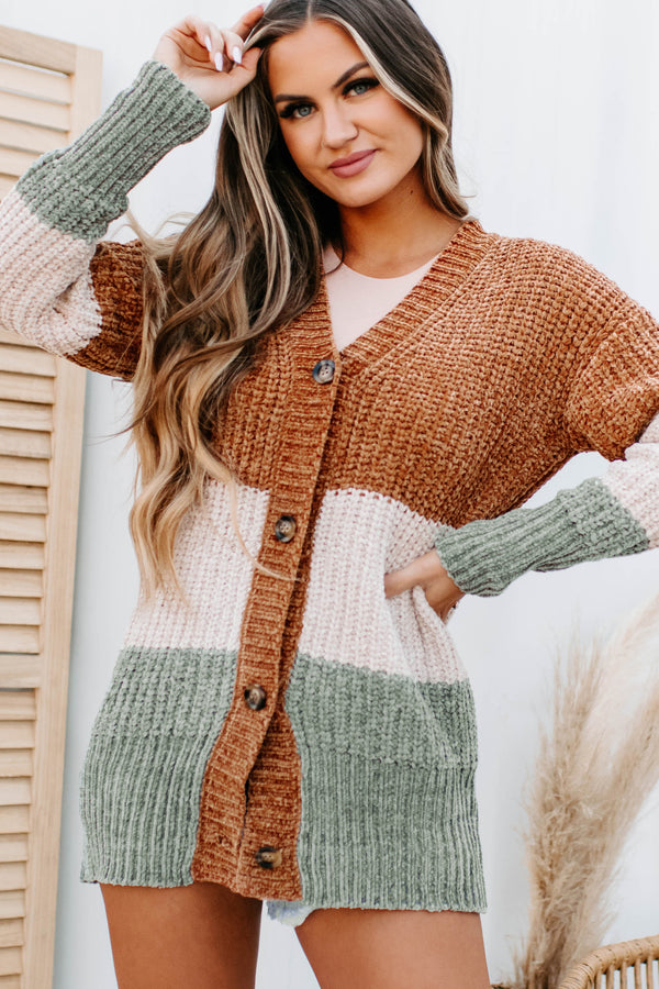 Falling Into A Pattern Chenille Colorblock Cardigan (Camel Multi) - NanaMacs