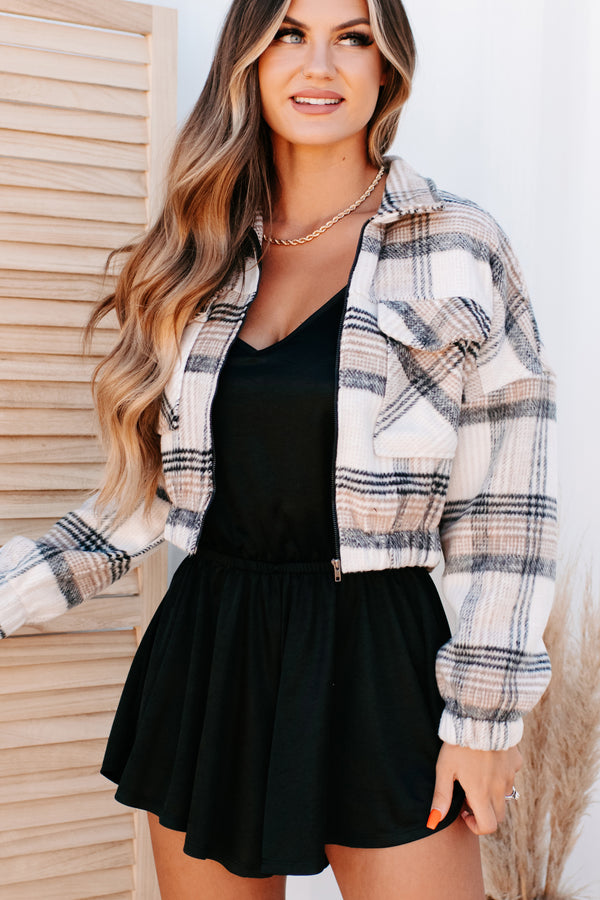 Too Plaid & Glad Cropped Plaid Zip-Up Jacket (Taupe/Black) - NanaMacs