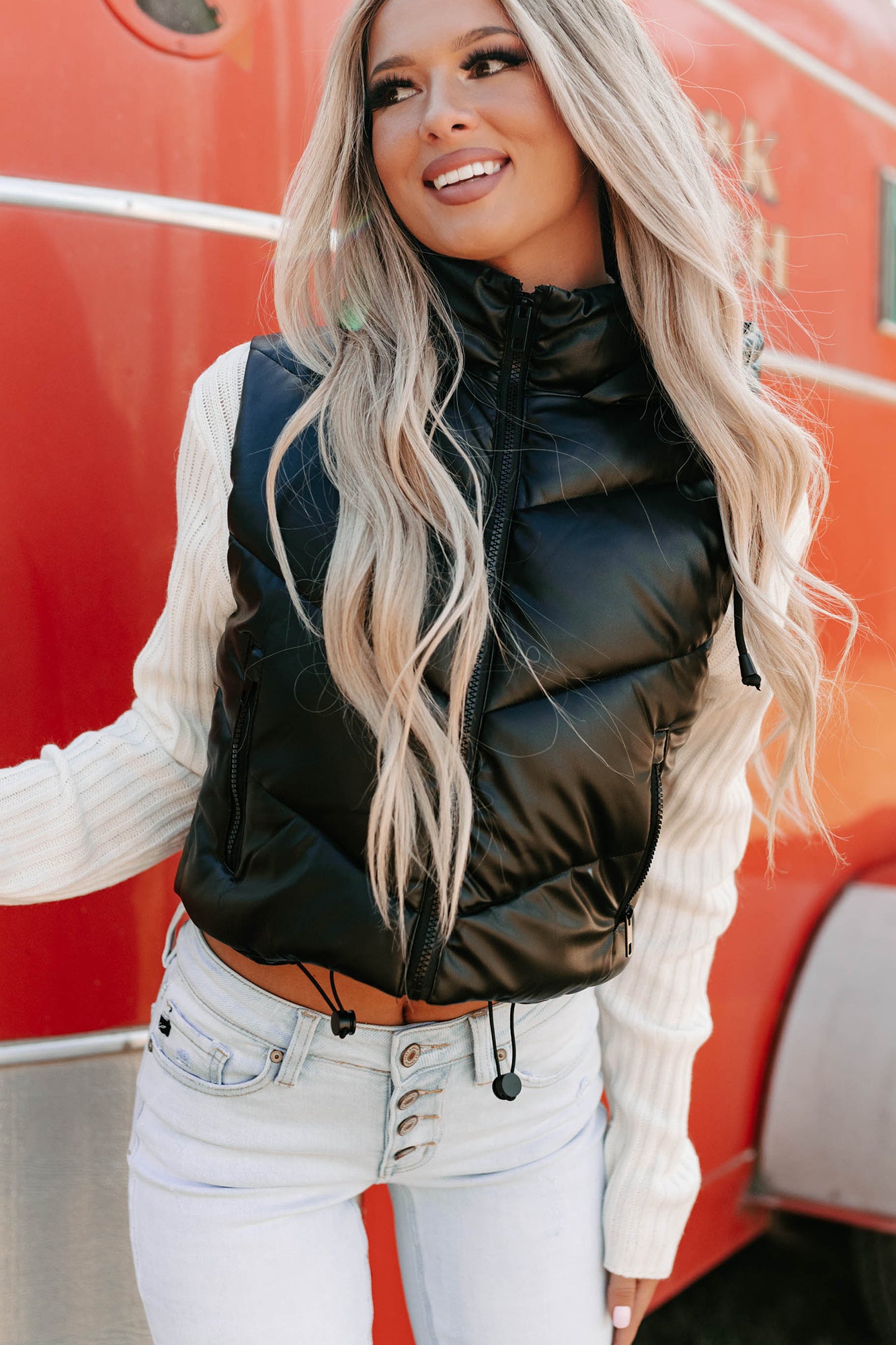 Arctic Chic Hooded Faux Leather Puffer Vest (Black) - NanaMacs