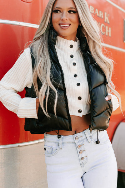 Arctic Chic Hooded Faux Leather Puffer Vest (Black) - NanaMacs