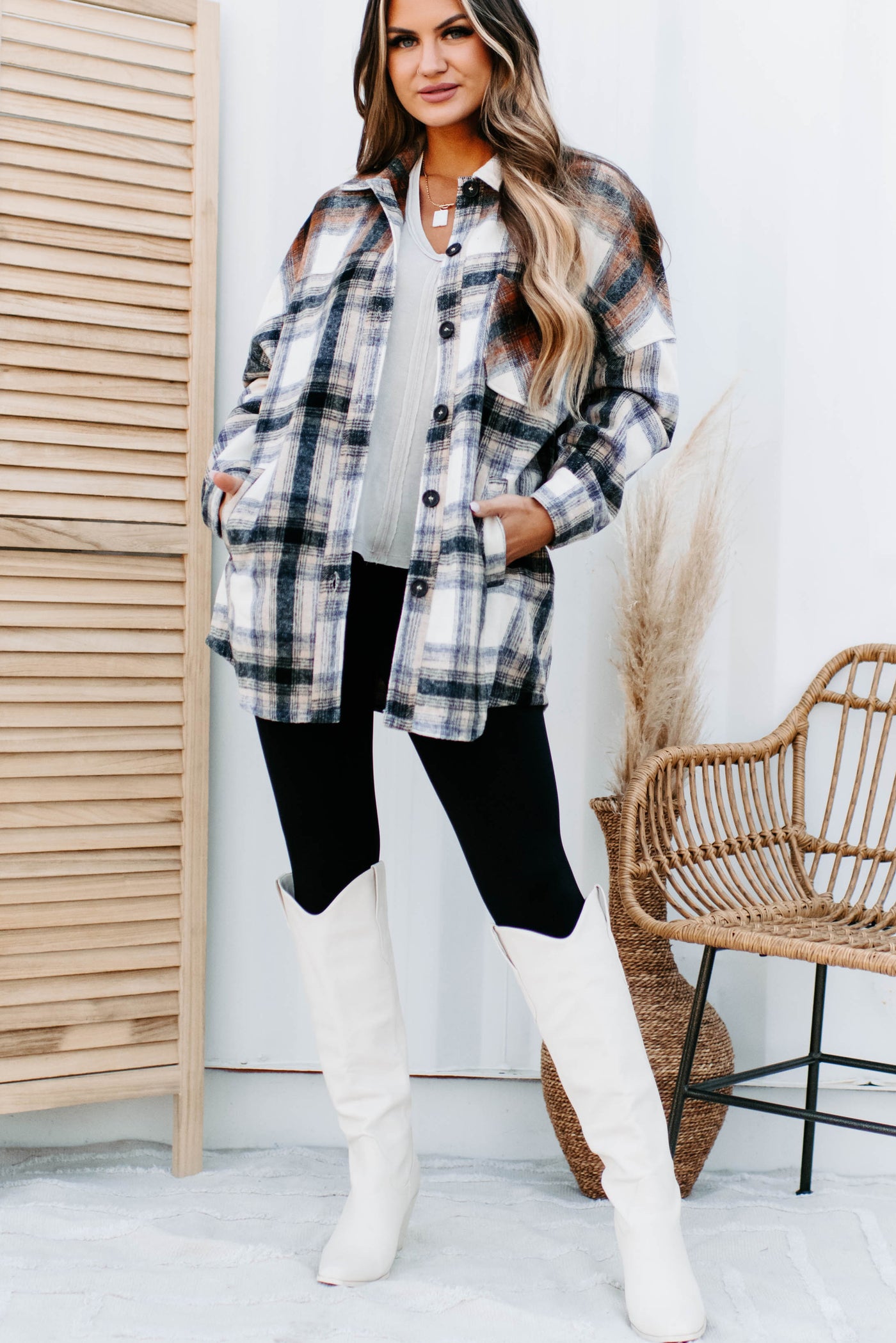 Heading North Oversized Colorblock Plaid Shacket (Camel/Rust) - NanaMacs