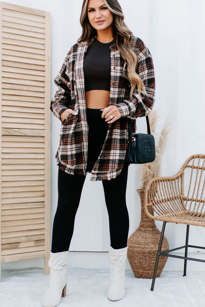 Ciders & Bonfires Long Plaid Shacket (Brown/Orange) - NanaMacs