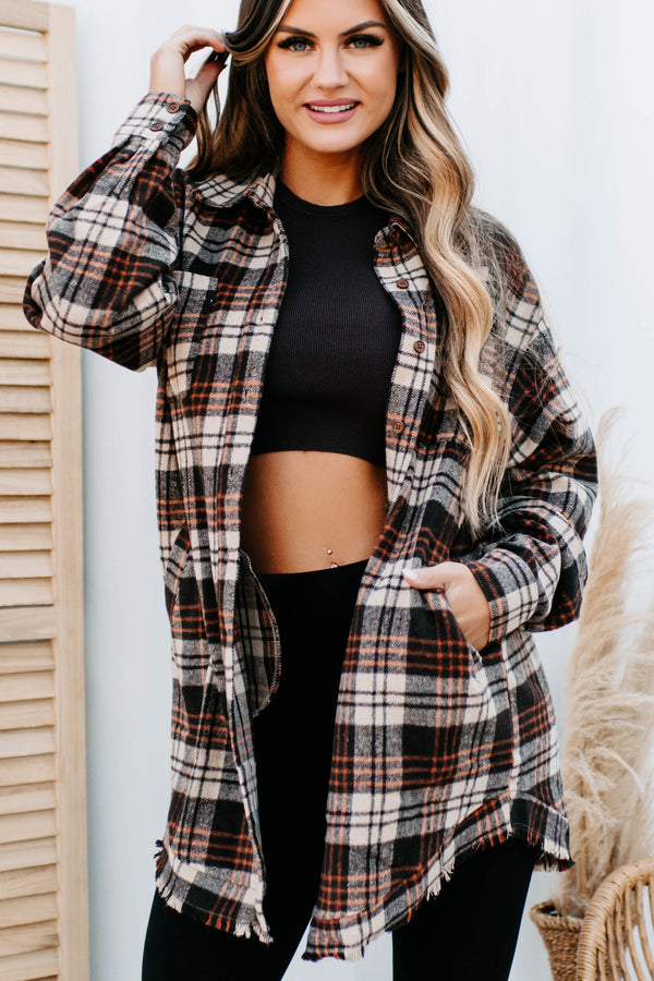 Ciders & Bonfires Long Plaid Shacket (Brown/Orange) - NanaMacs