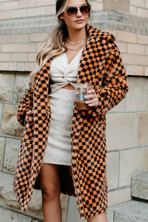 Call My Lawyer Checkered Faux Fur Coat (Brown & Orange) - NanaMacs