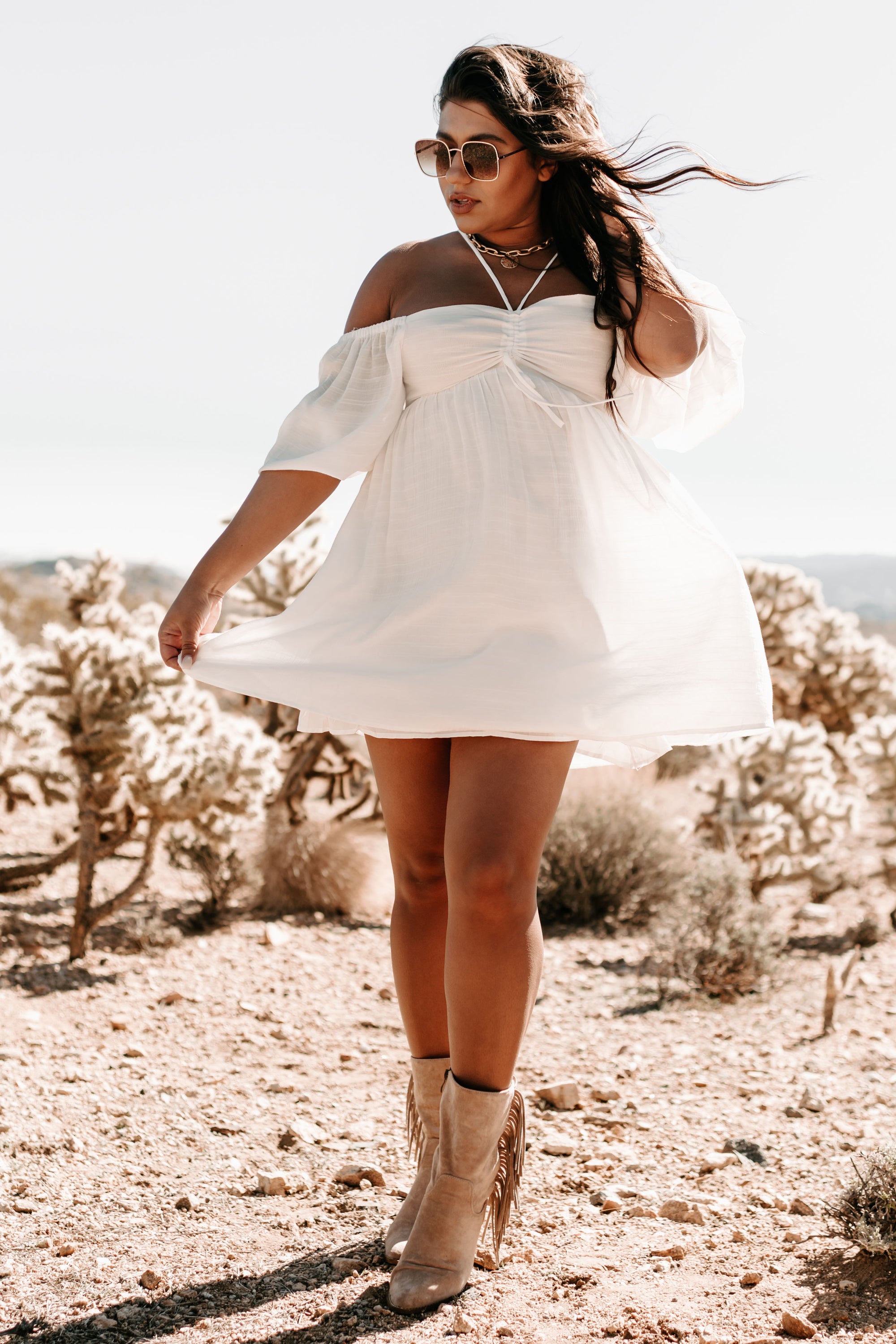Under Your Enchantment V-Strap Puffed Sleeve Mini Dress (Off White) - NanaMacs