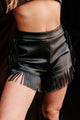 Can I Get A Yee-Haw Fringe Trim Faux Leather Shorts (Black) - NanaMacs