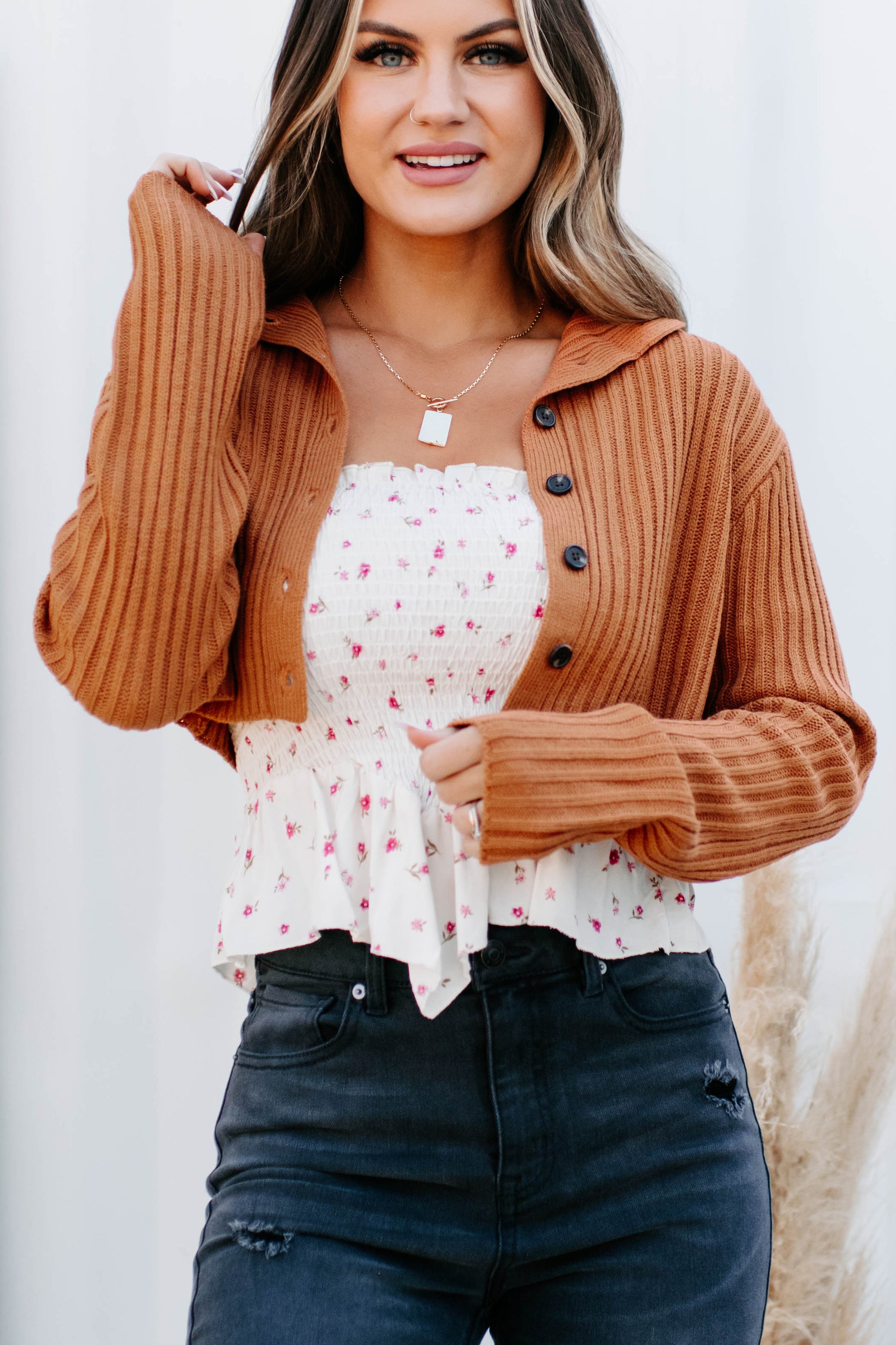 Ester Button-Up Cropped Sweater (Rust) - NanaMacs