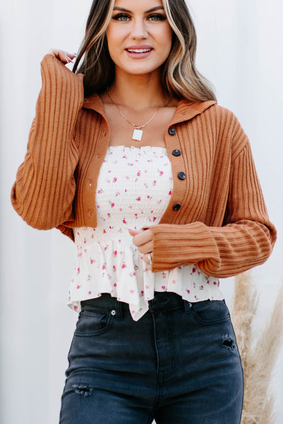 Ester Button-Up Cropped Sweater (Rust) - NanaMacs