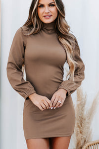 My Heart Awaits Mock Neck Mini Dress (Mocha) - NanaMacs