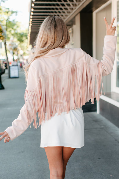 Daring Delight Faux Suede Fringe Jacket (Blush) - NanaMacs