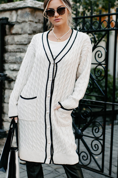 Cross Reference Oversized Cable Knit Cardigan (White/Black) - NanaMacs
