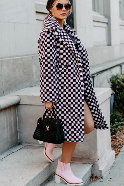 Call My Lawyer Checkered Faux Fur Coat (Black & Pink) - NanaMacs